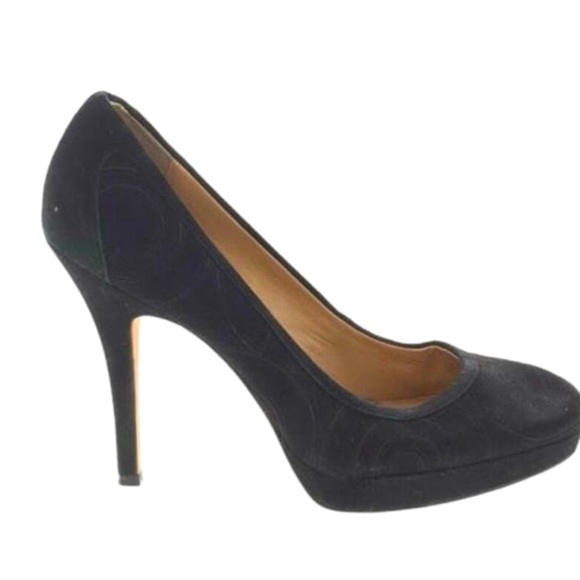 Coach Brigett suede logo stitched platform pumps heels stiletto black 10B - Picture 1 of 16